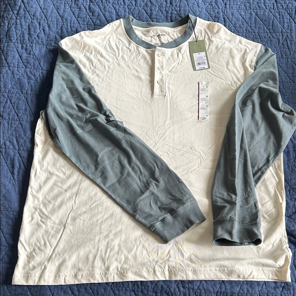 Goodfellow & Co Two-Tone Henley Long Sleeve Shirt - Cream and Sage